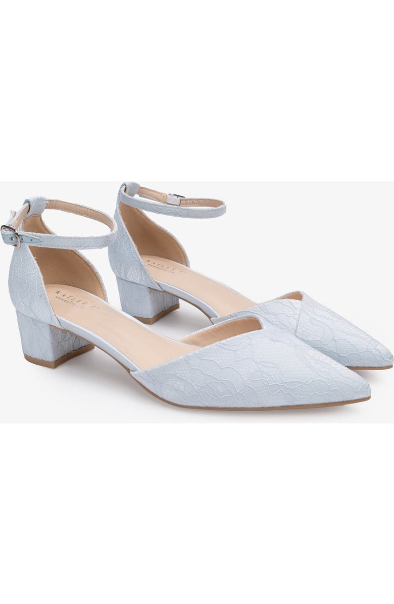 Kailee P Adele White Lace Pointy Toe Block Heel with Ankle Strap, Main, color, Light Blue