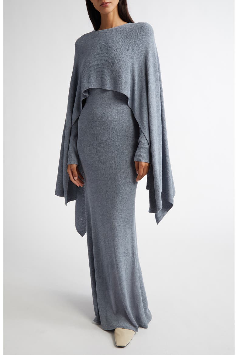 Cape Overlay Long Sleeve Silk Knit Dress, Alternate, color, MISTRAL