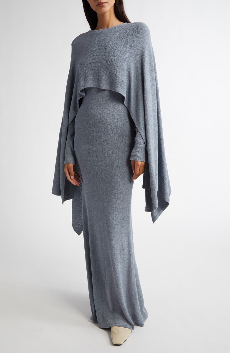 TOTEME Cape Overlay Long Sleeve Silk Knit Dress, Alternate, color, Mistral