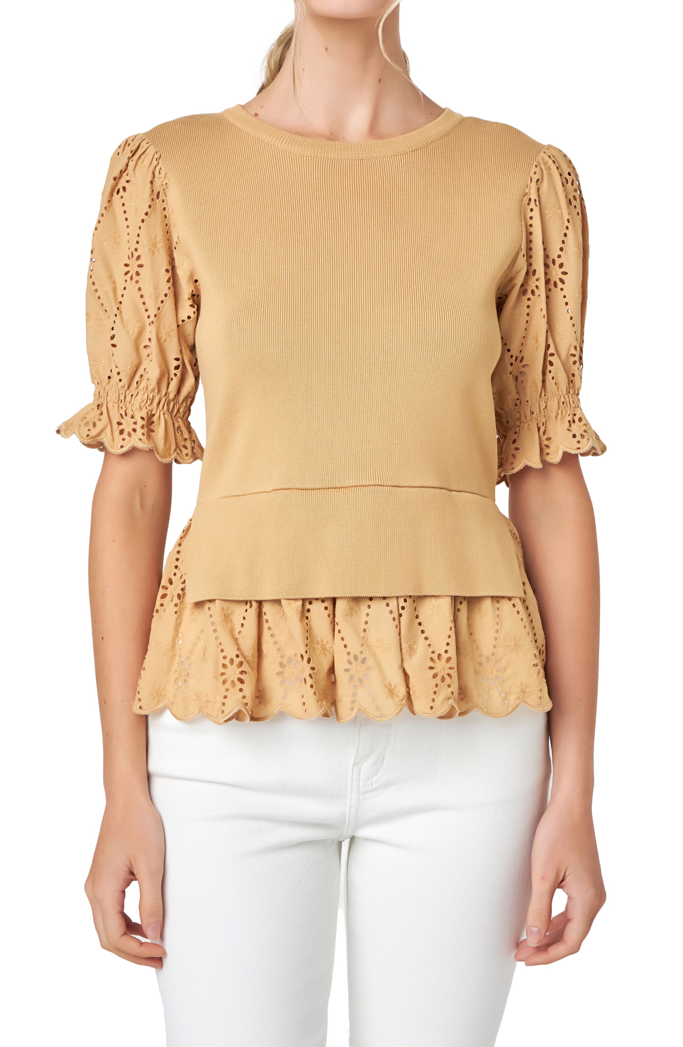 English Factory Mixed Media Eyelet Puff Sleeve Peplum Top
