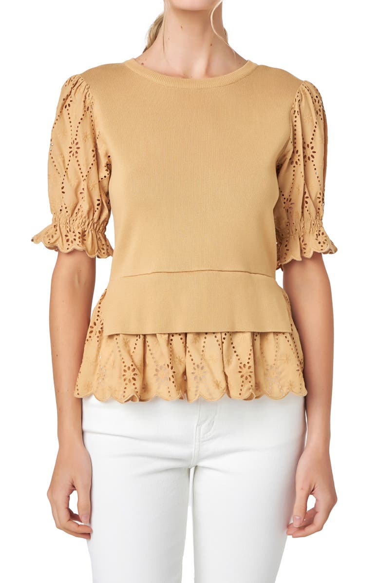 English Factory Mixed Media Eyelet Puff Sleeve Peplum Top, Main, color, Tan
