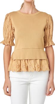 English Factory Mixed Media Eyelet Puff Sleeve Peplum Top