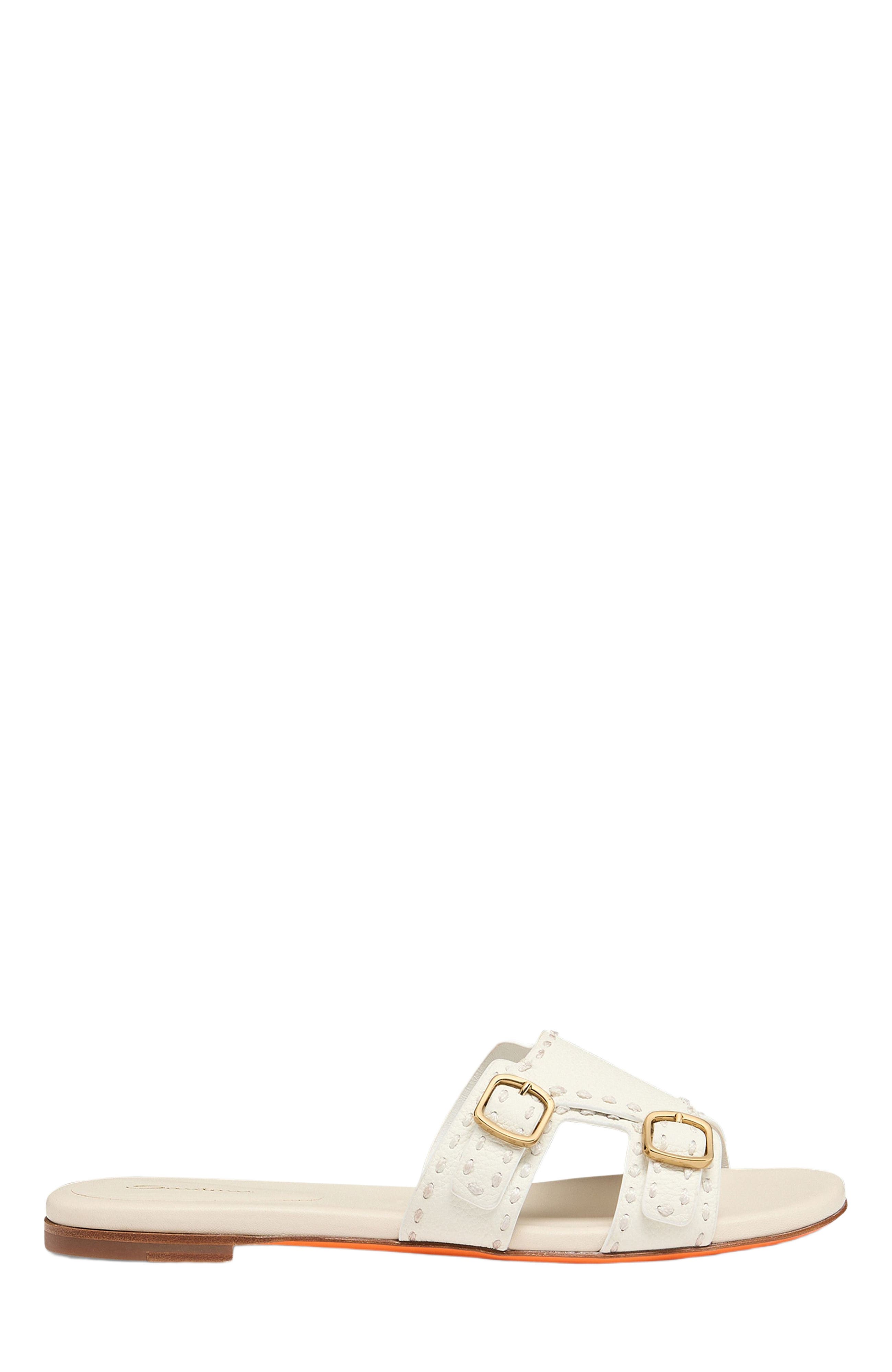 Santoni Women's leather double-buckle Didi slide sandal, Main, color, White