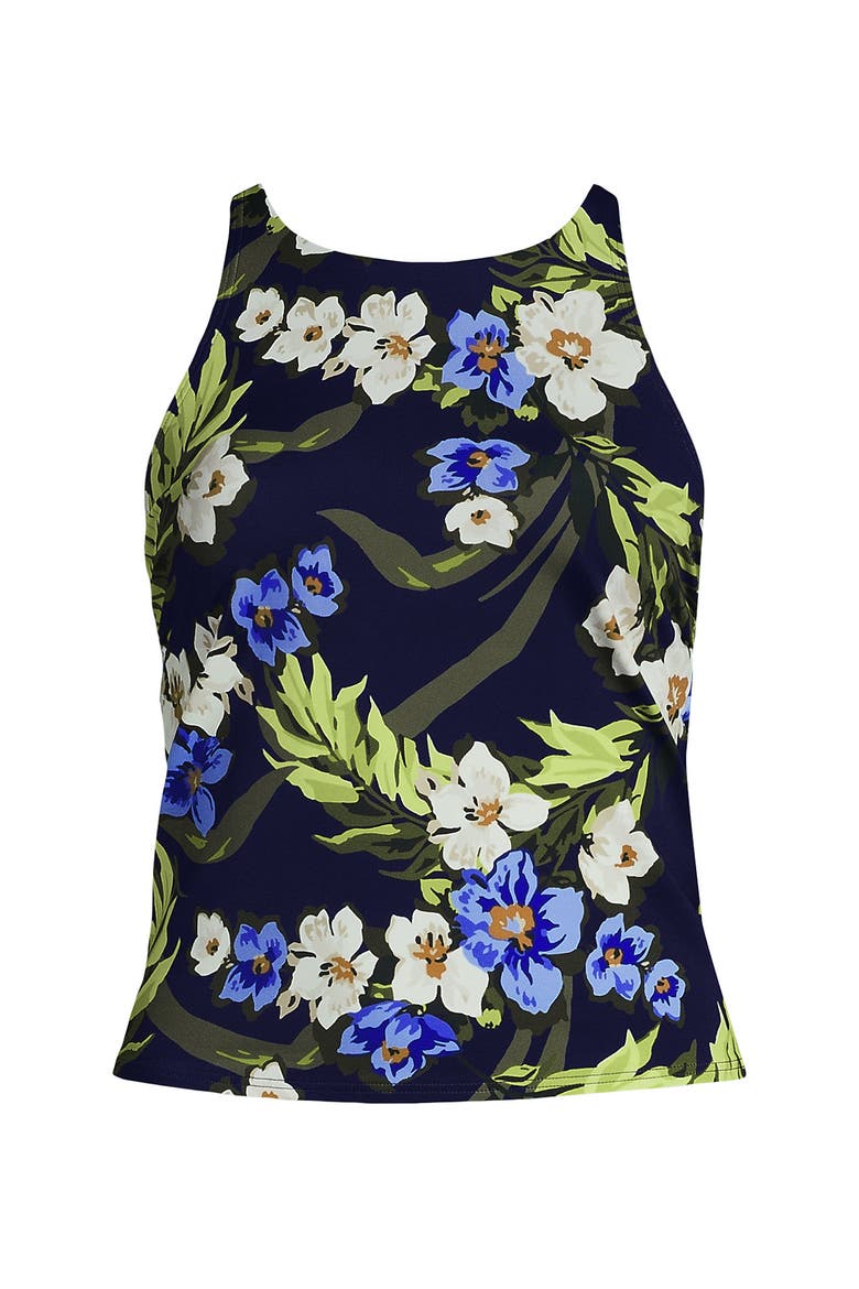 DDD-Cup Chlorine Resistant Tugless High Neck Strappy Back Tankini Swimsuit Top, Alternate, color, Deep Sea/Blue Floral Tropic