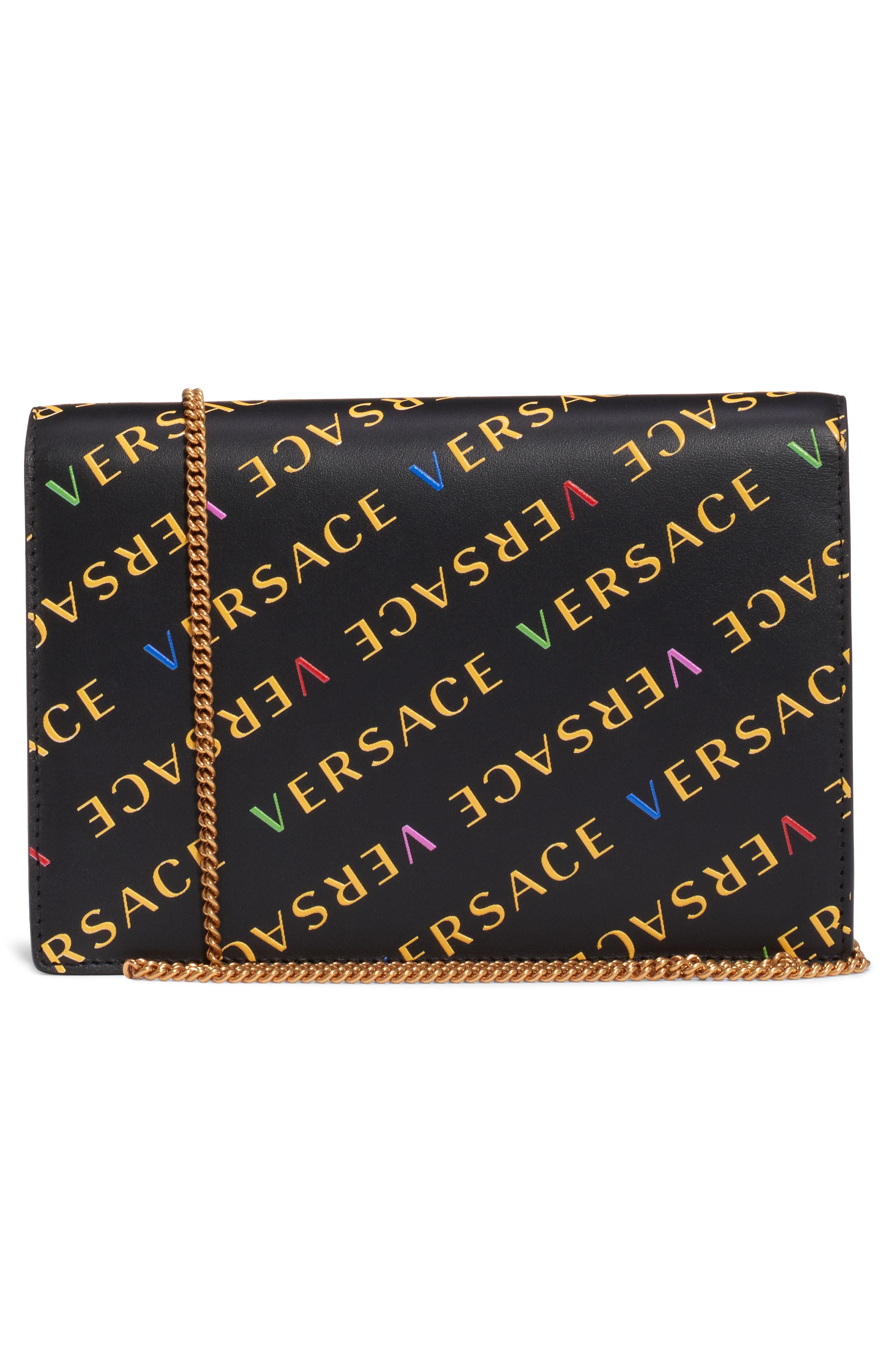 First Line Logo Leather Wallet on a Chain, Alternate, color, BLACK MULTI/ WARM GOLD