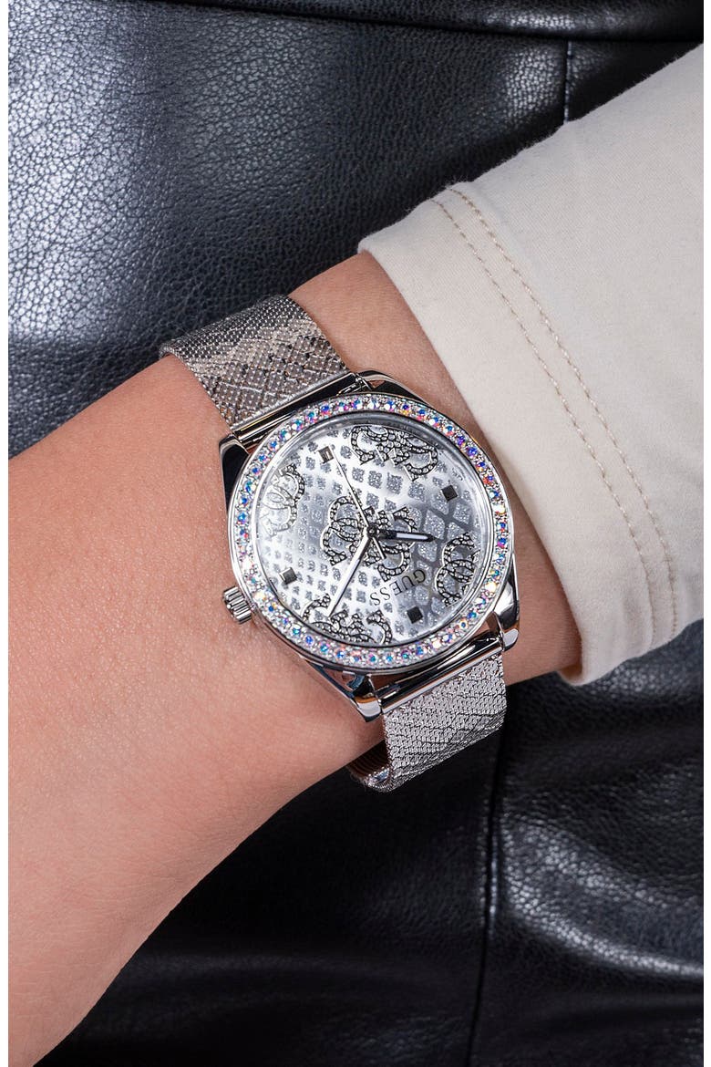 Boa Crystal Bezel Silvertone Mesh Strap Watch, 32mm, Alternate, color, SILVER