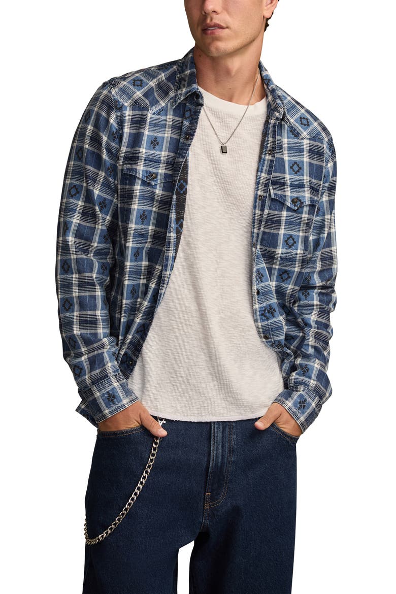 Plaid Cotton Dobby Snap-Up Western Shirt, Main, color, INDIGO MULTI