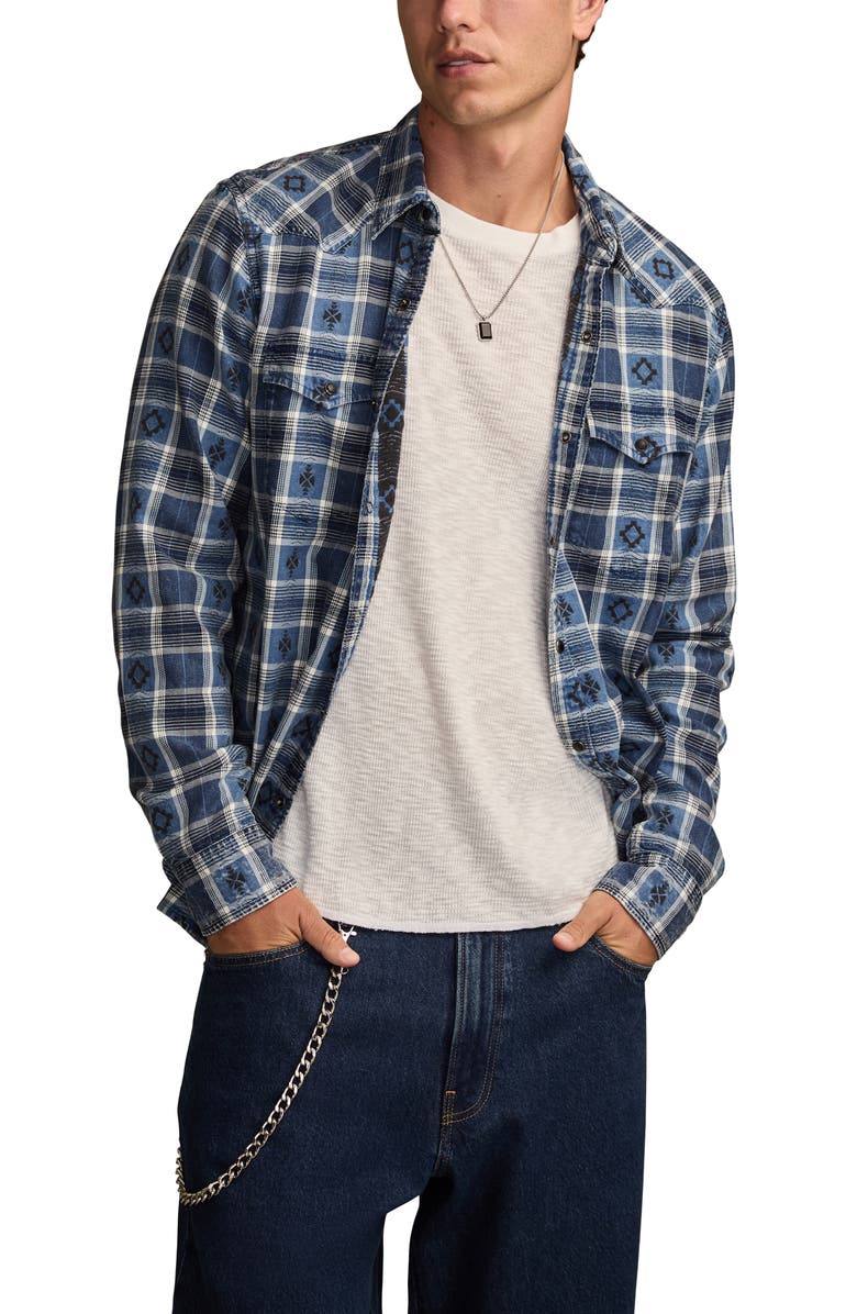 Lucky Brand Plaid Cotton Dobby Snap-Up Western Shirt, Main, color, Indigo Multi