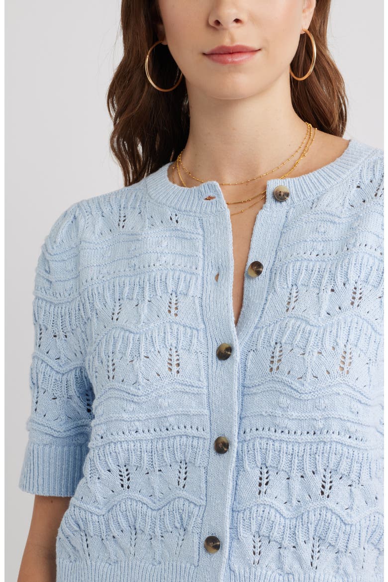 Short Sleeve Pointelle Cardigan, Alternate, color, BLUE SKYWAY