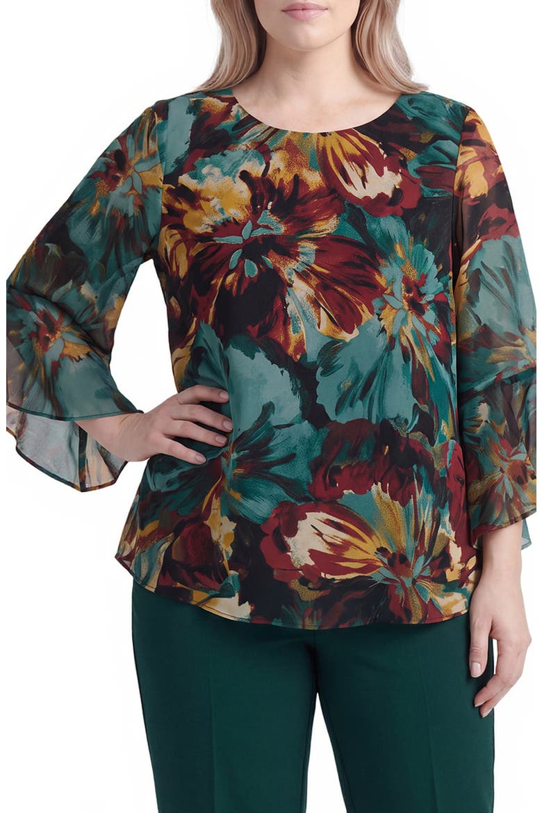 Ruffle Sleeve Floral Print Blouse, Main, color, EVERGREEN MULTI