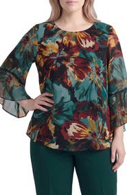 KASPER Ruffle Sleeve Floral Print Blouse
