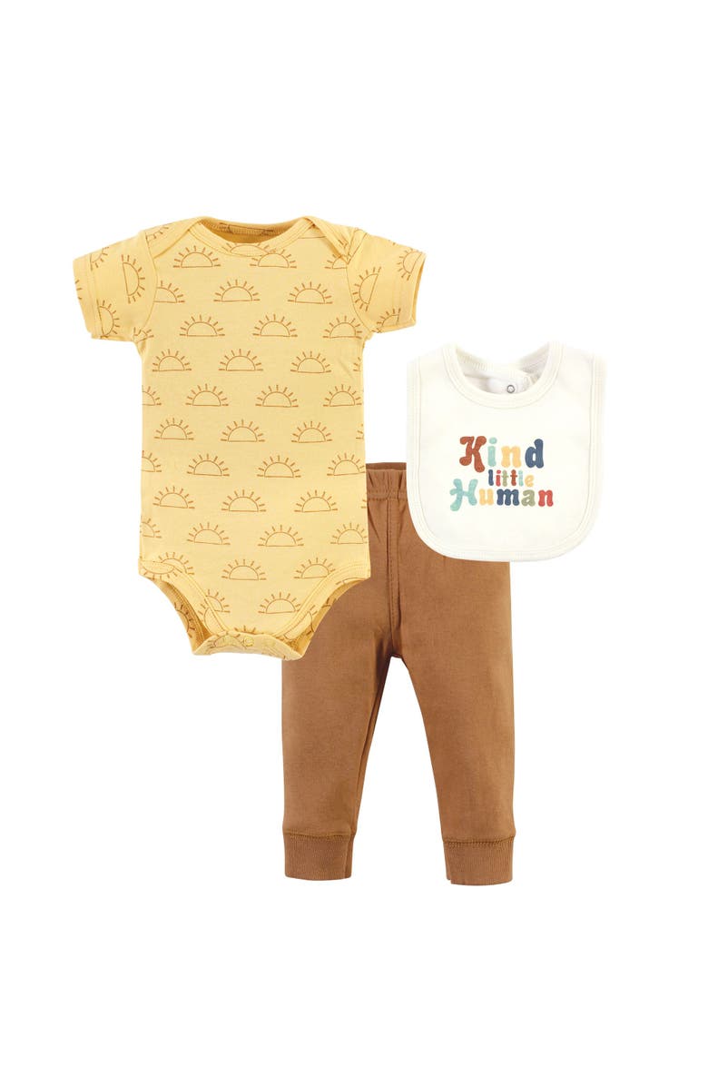 Hudson Baby Cotton Bodysuit, Pant and Bib Set, Main, color, Kind Human