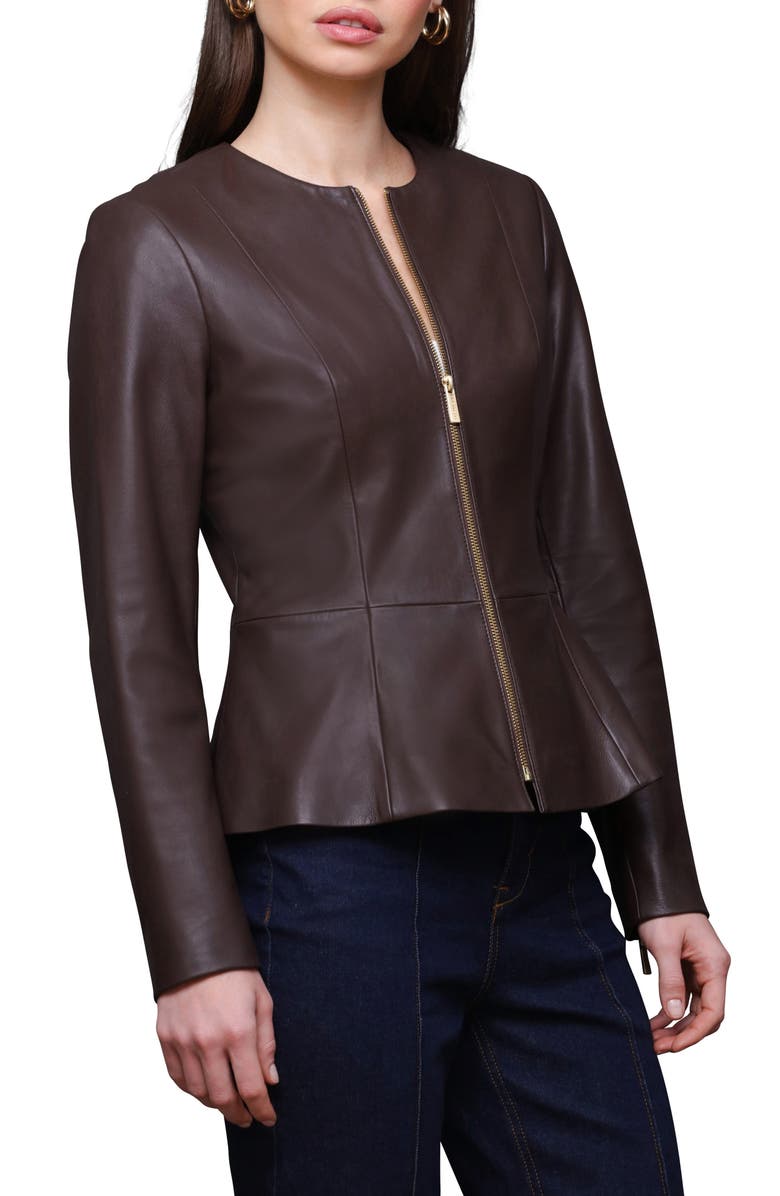 Bagatelle Genuine Leather Zip Front Peplum Jacket, Alternate, color, Chocolate