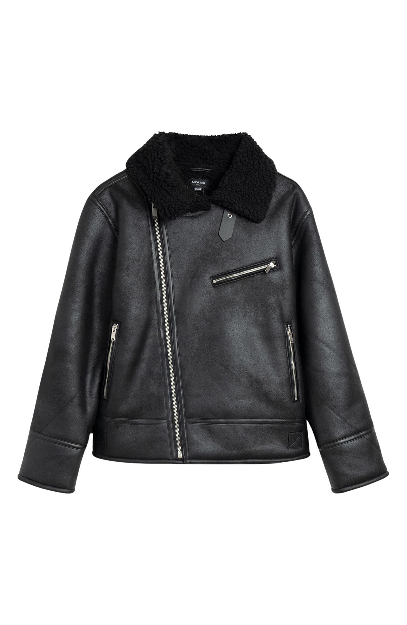 Noize Dwayne Faux Shearling Collar Faux Leather Moto Jacket