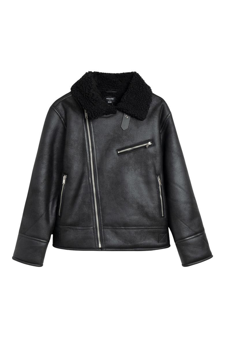 Dwayne Faux Shearling Collar Faux Leather Moto Jacket, Main, color, BLACK