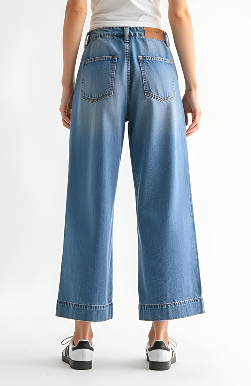 Modenaire Wide Leg Cropped Denim Pants With High Waist And Cuffed Hem In Blue