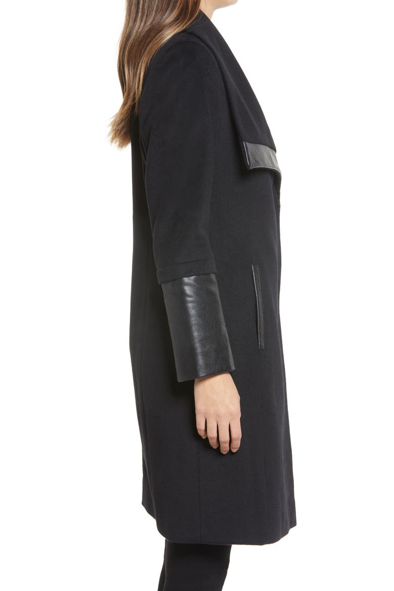 Wool and Faux Leather Coat, Alternate, color, BLACK