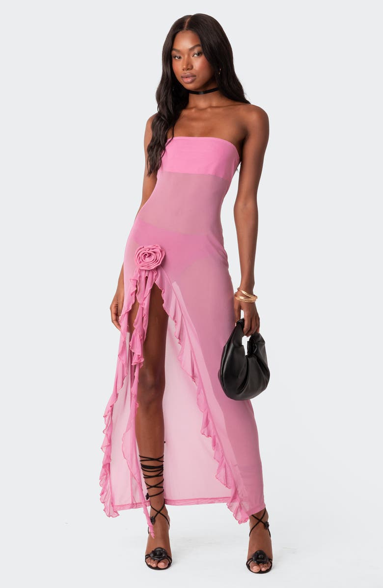 EDIKTED Suri Flower Strapless Mesh Maxi Dress, Alternate, color,