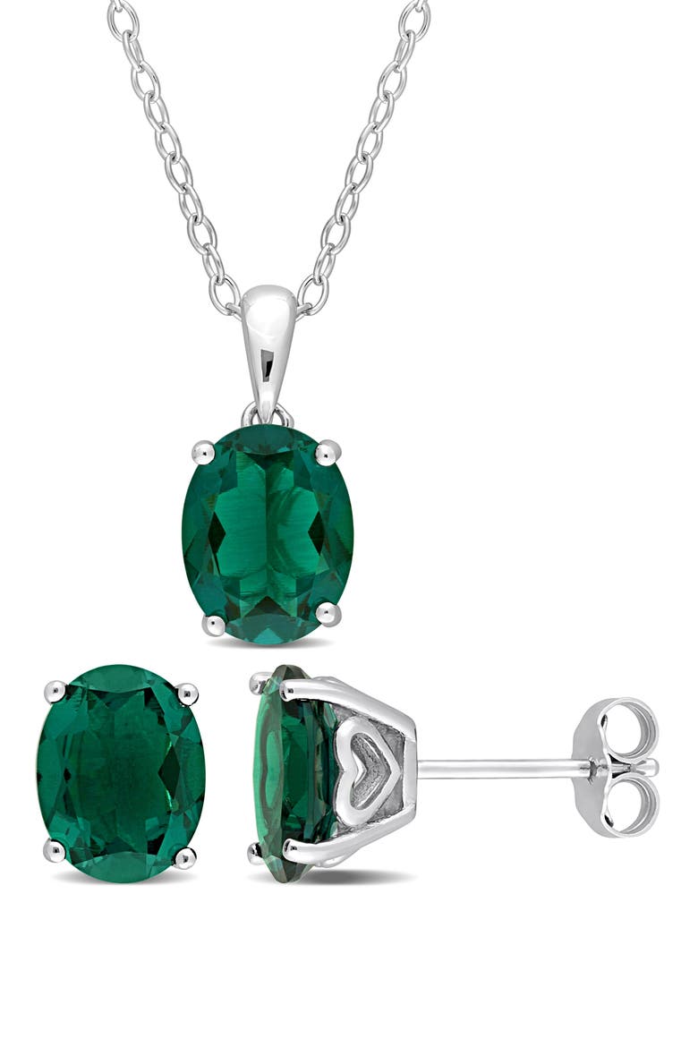 Oval Lab Grown Emerald Stud Earrings & Pendant Necklace Set, Main, color, GREEN