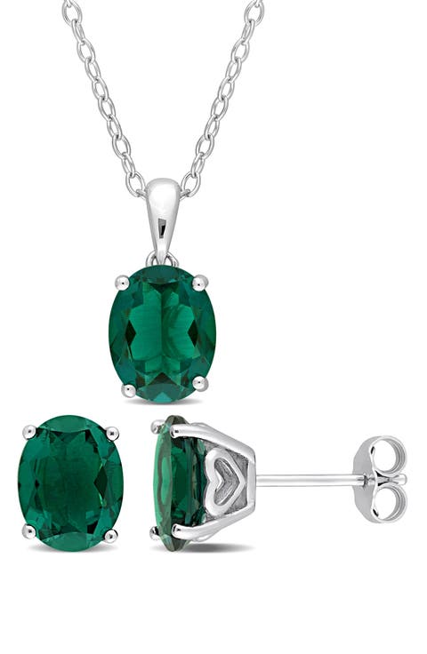 Oval Lab Grown Emerald Stud Earrings & Pendant Necklace Set