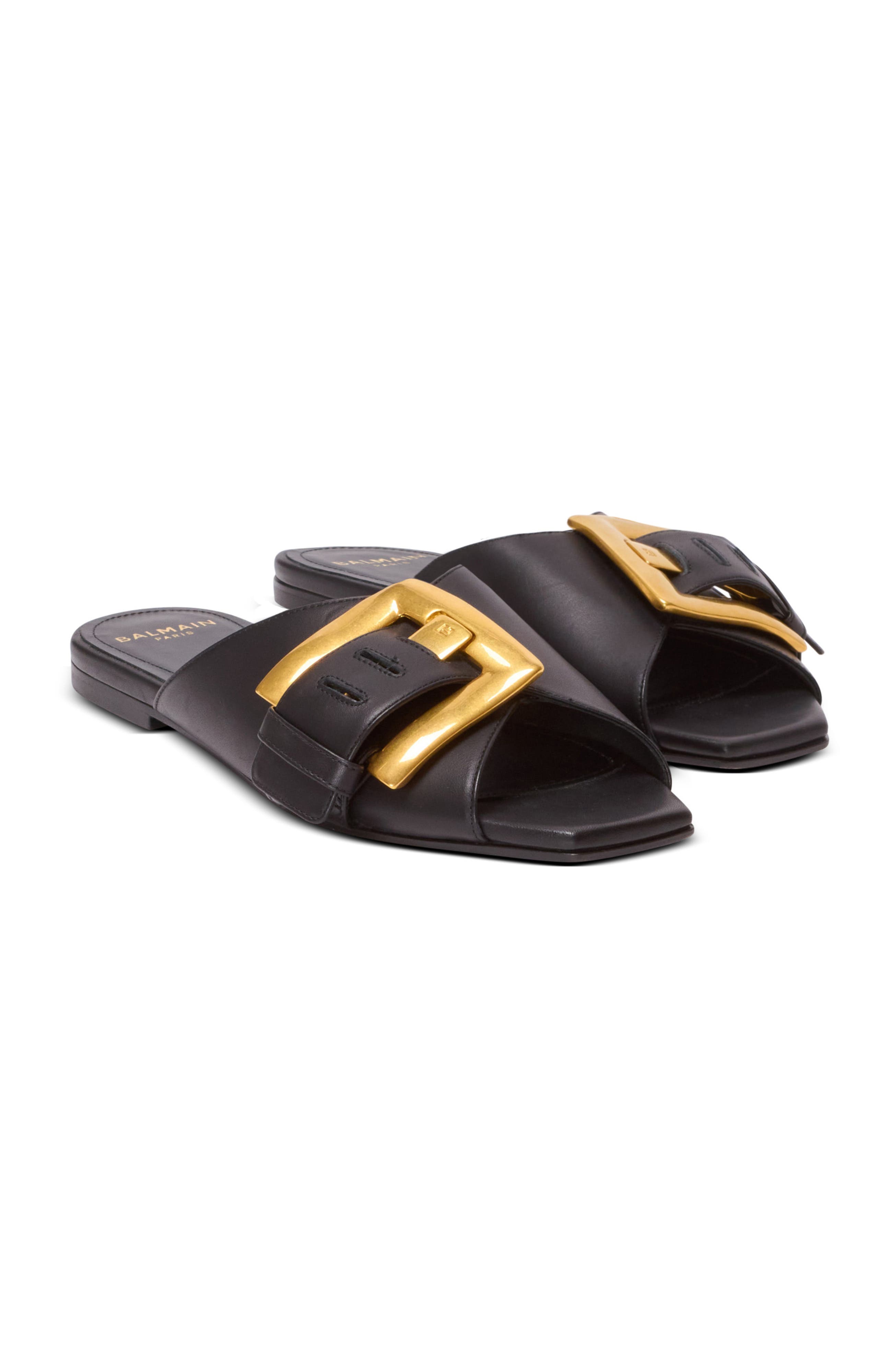 Balmain Anthem flat calfskin leather sandals, Main, color, Black