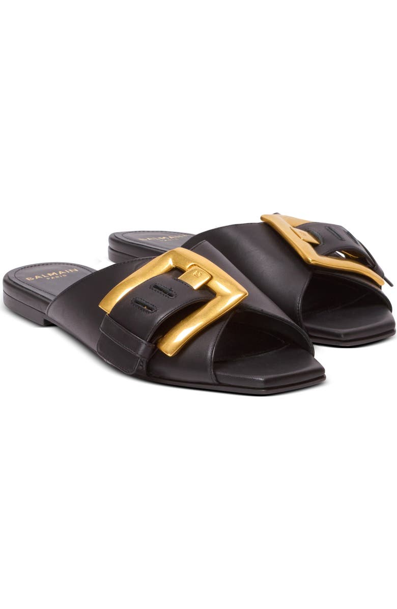 Balmain Anthem flat calfskin leather sandals, Main, color, Black