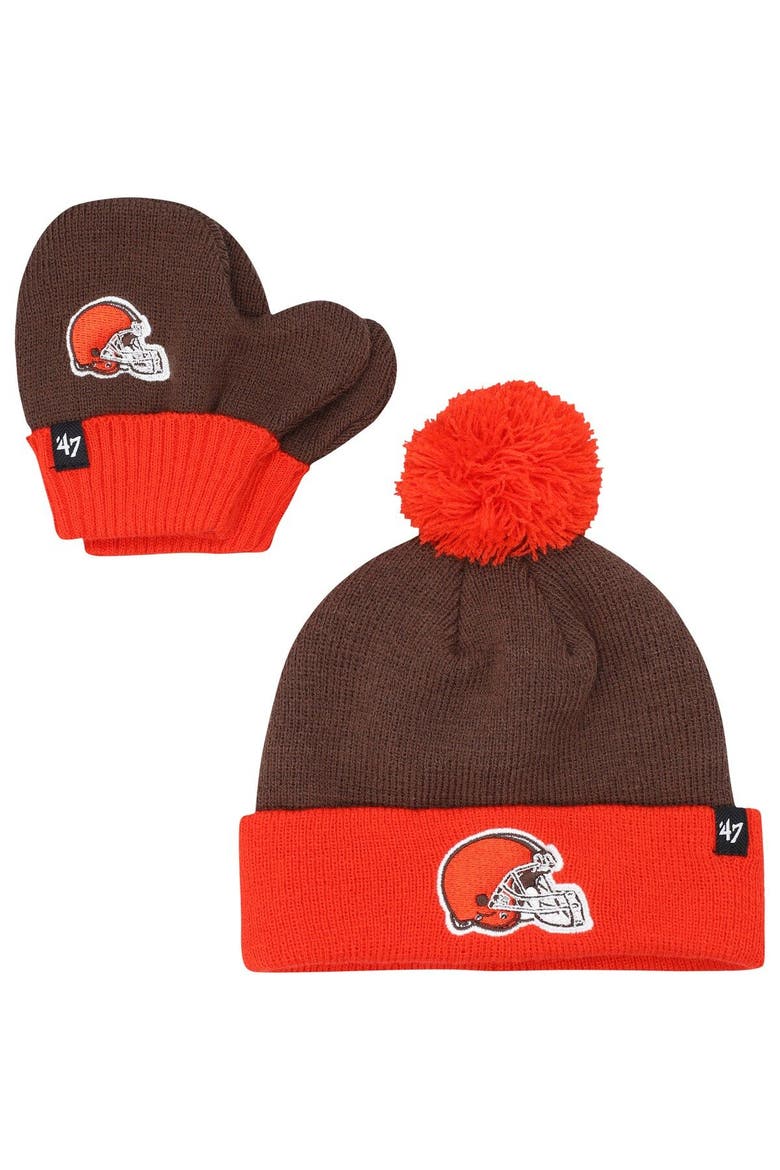 Infant '47 Brown/Orange Cleveland Browns Bam Bam Cuffed Knit Hat with Pom & Mittens Set, Main, color, Brown
