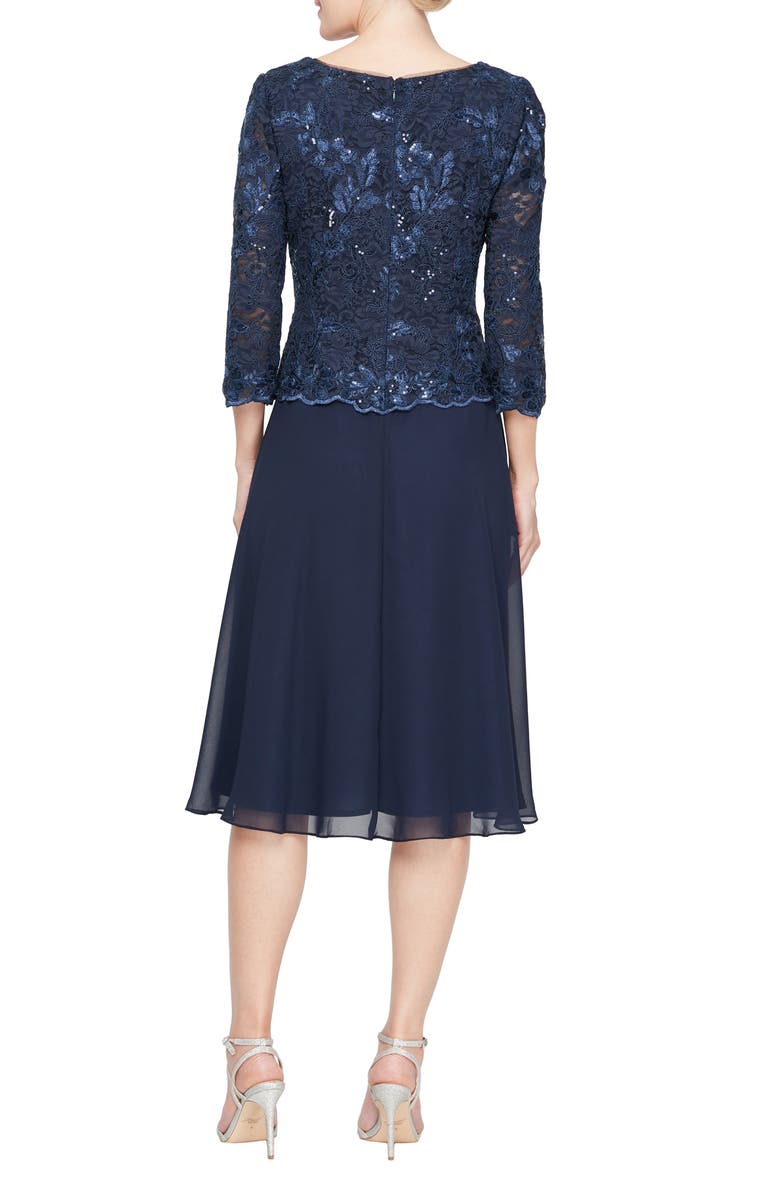 Alex Evenings Embroidered Bodice Mock Cocktail Dress, Alternate, color, Navy