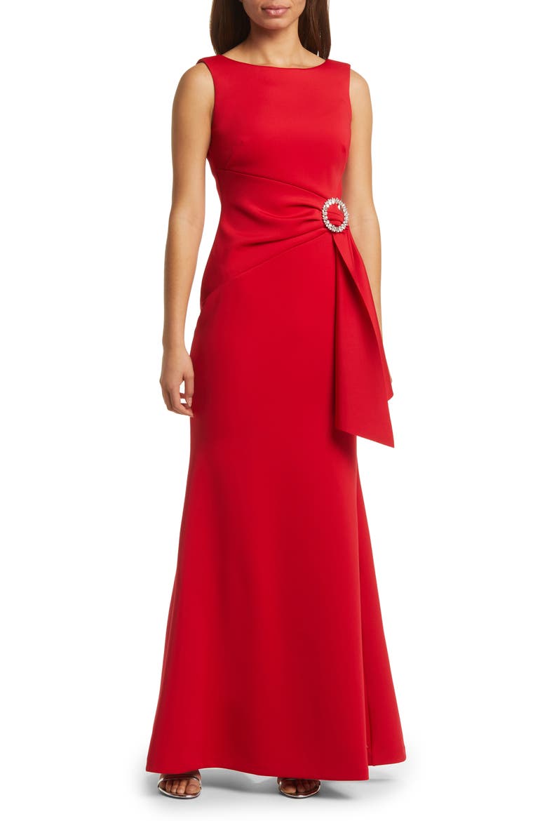 Rhinestone Belt Detail Mermaid Gown, Main, color, RED