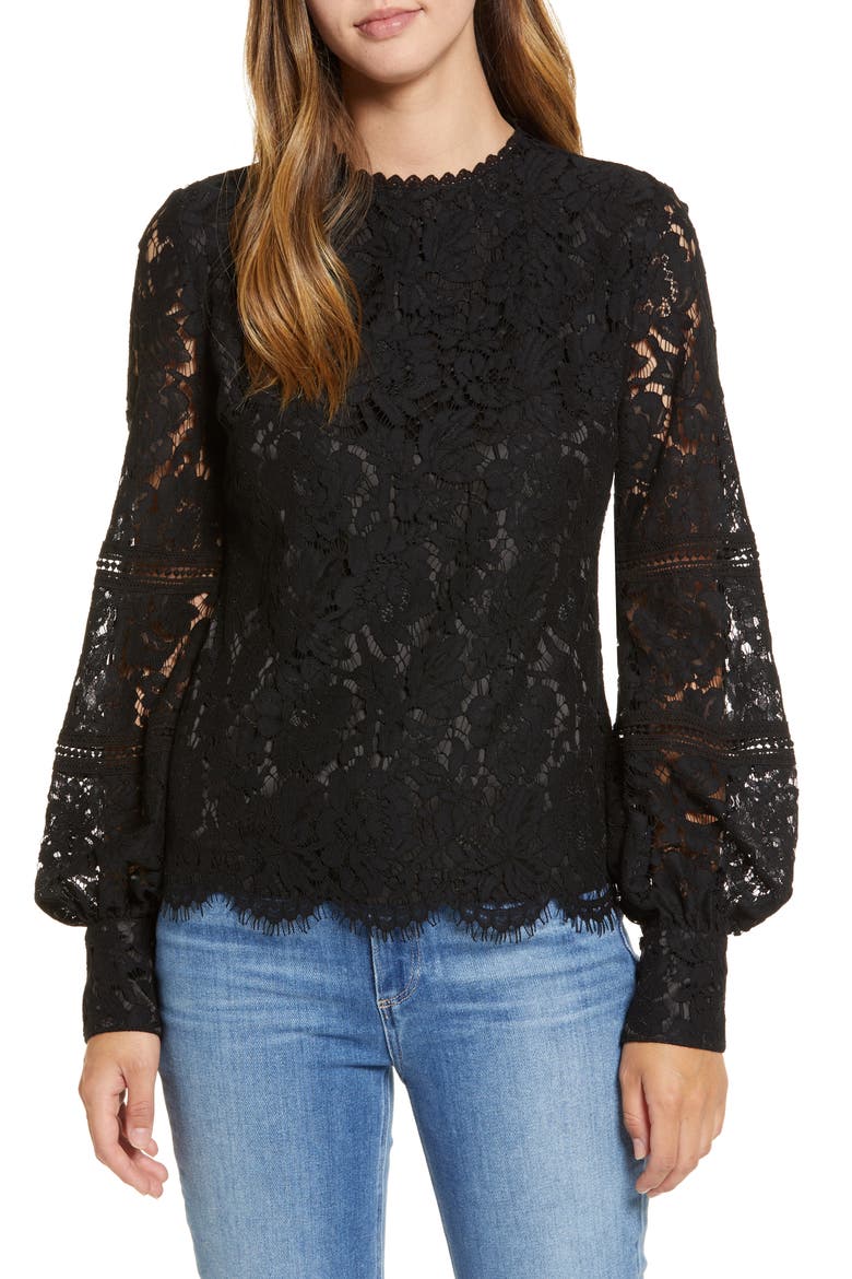 Bishop Sleeve Scalloped Lace Top, Main, color, BLACK