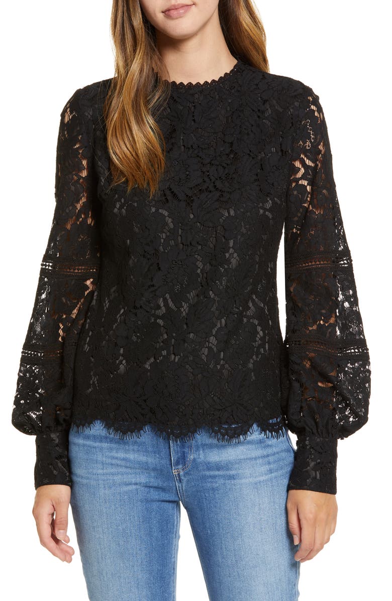 Rachel Parcell Bishop Sleeve Scalloped Lace Top, Main, color,