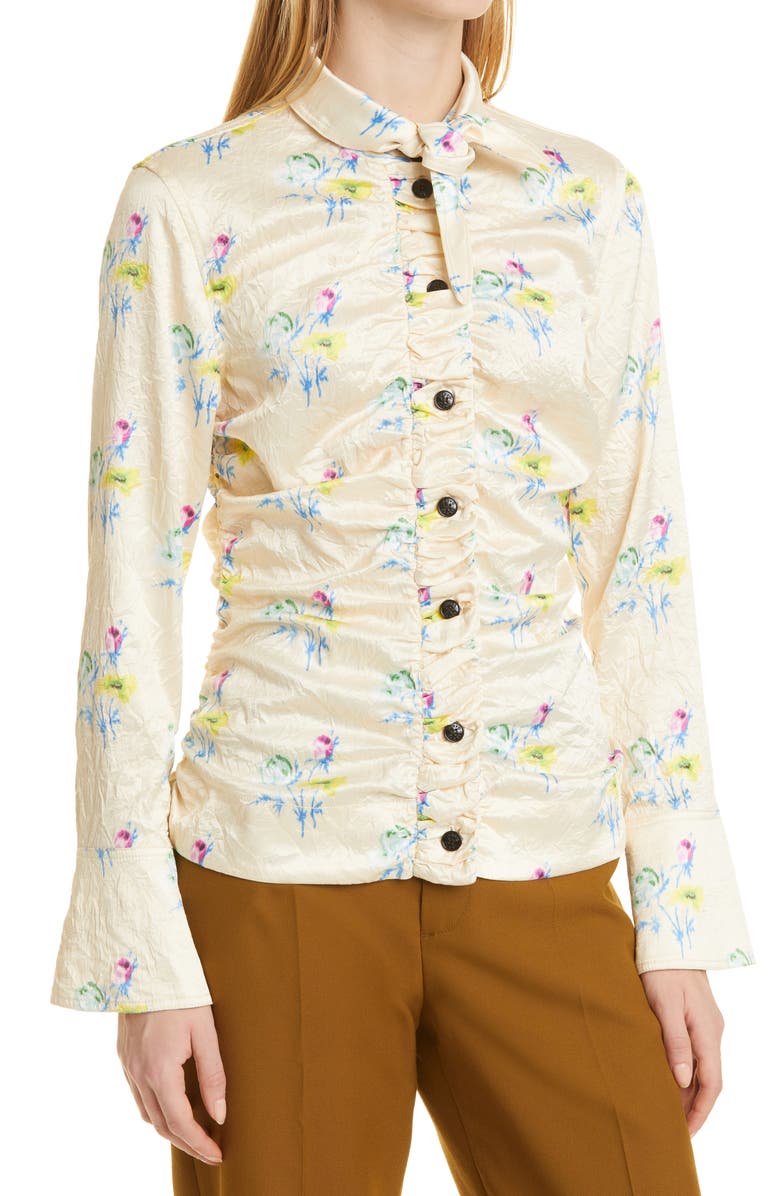 Ganni Floral Print Ruched Crinkled Satin Shirt, Alternate, color,