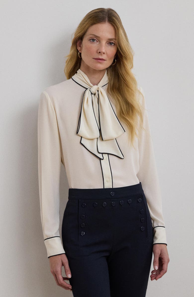 Lauren Ralph Lauren Tipped Tie Neck Button-Up Shirt, Alternate, color, 