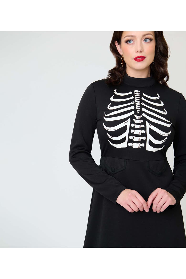 1960s Mock Turtleneck Fit & Flare Dress, Alternate, color, Black w/ Skeleton Print