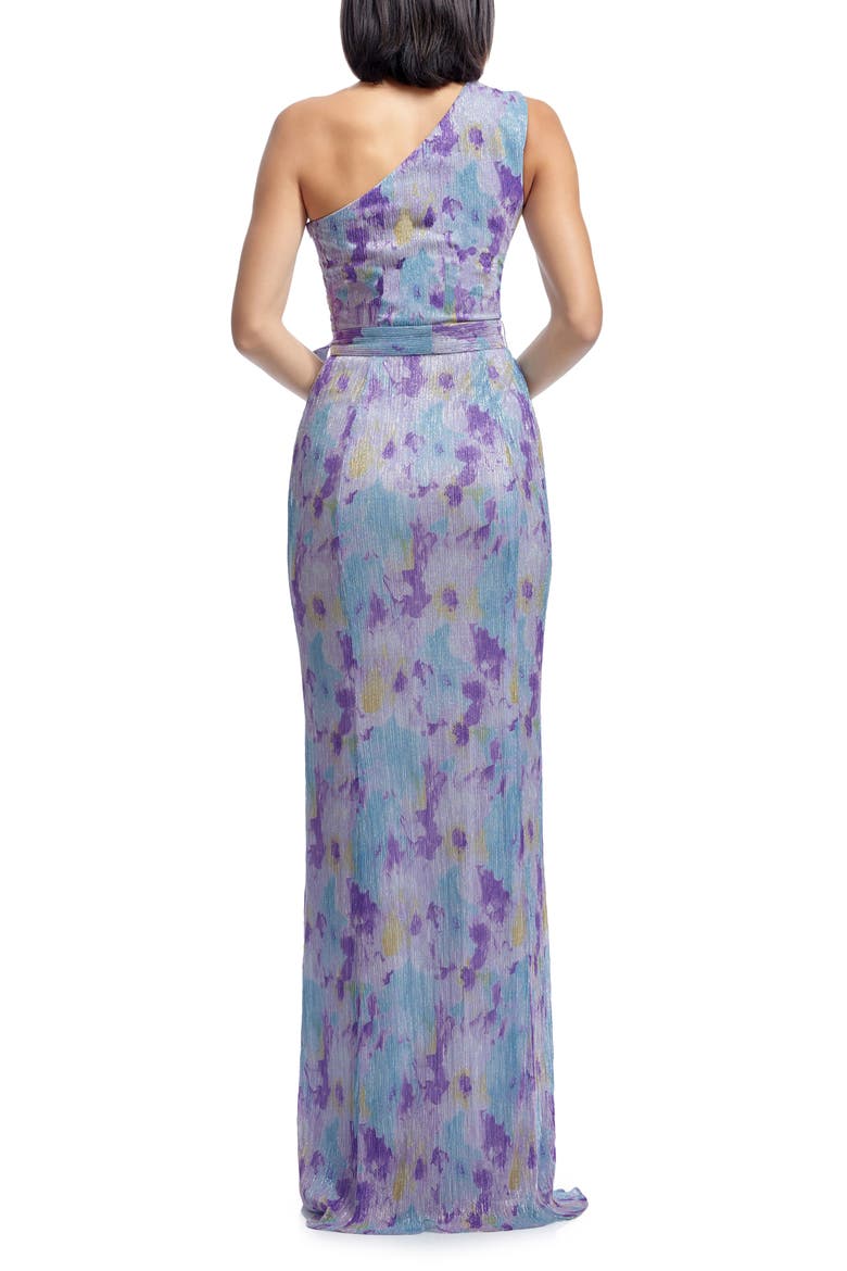 Bella Metallic Floral Plissé One-Shoulder Gown, Alternate, color, SKY MULTI
