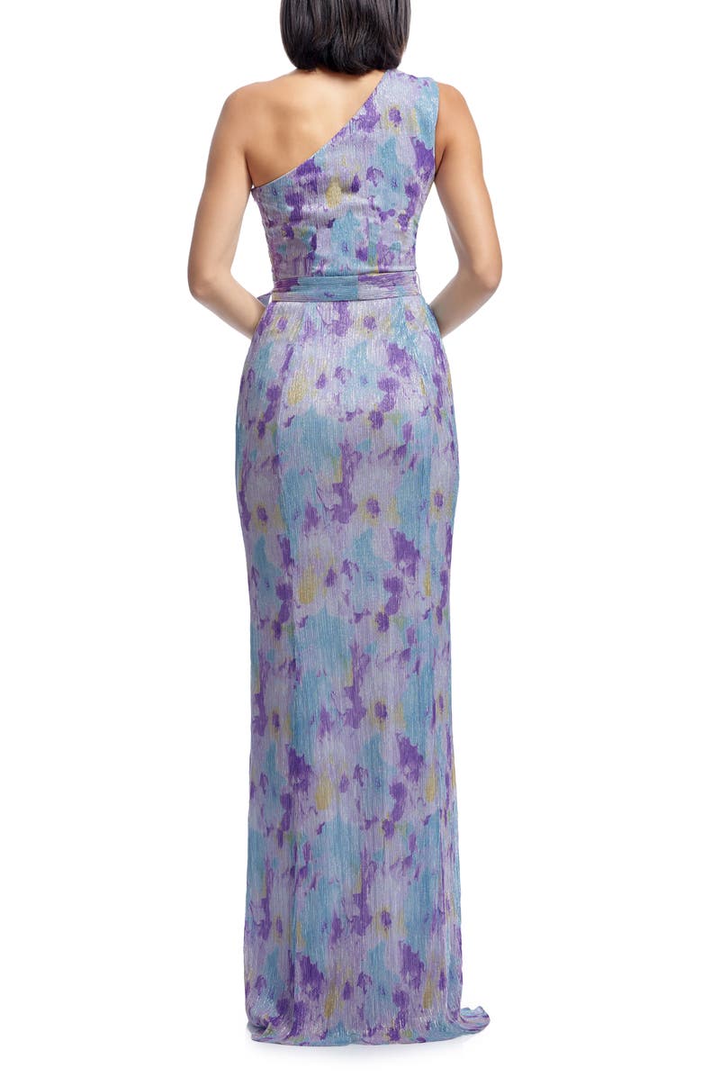 Dress the Population Bella Metallic Floral Plissé One-Shoulder Gown, Alternate, color, Sky Multi