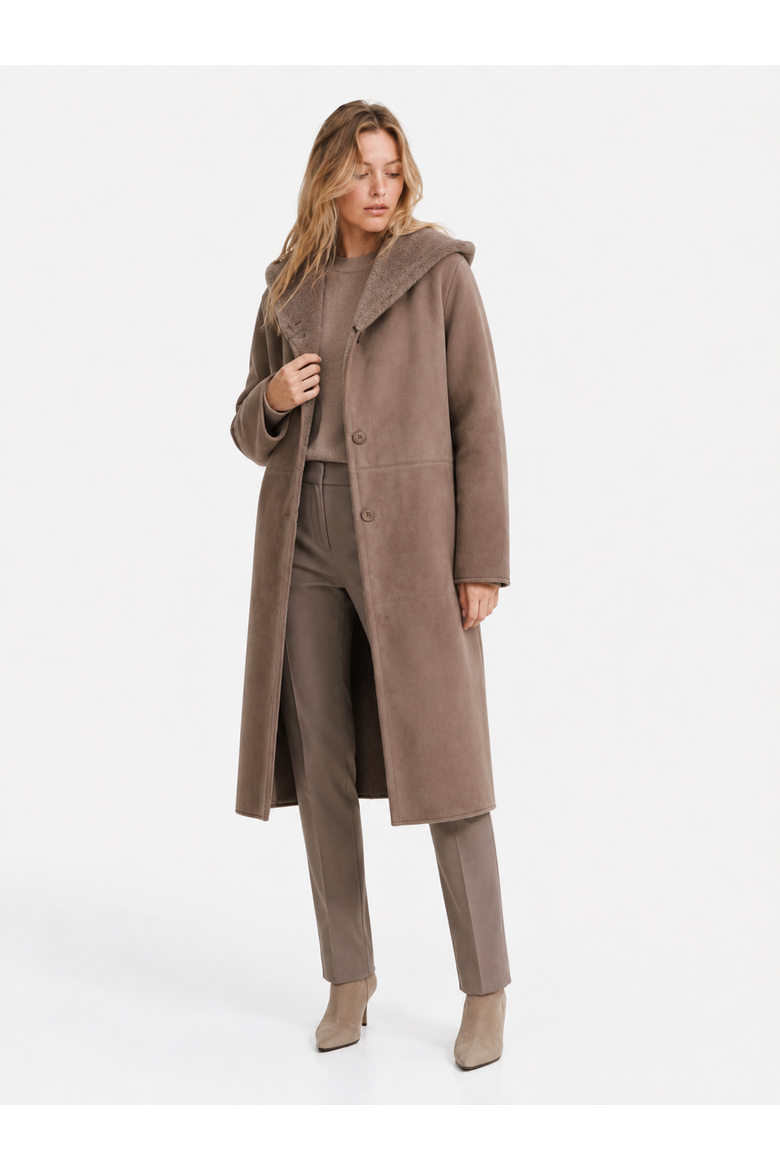 Ballade Merino Curly Shearling Hooded Long Coat, Alternate, color, Vizon