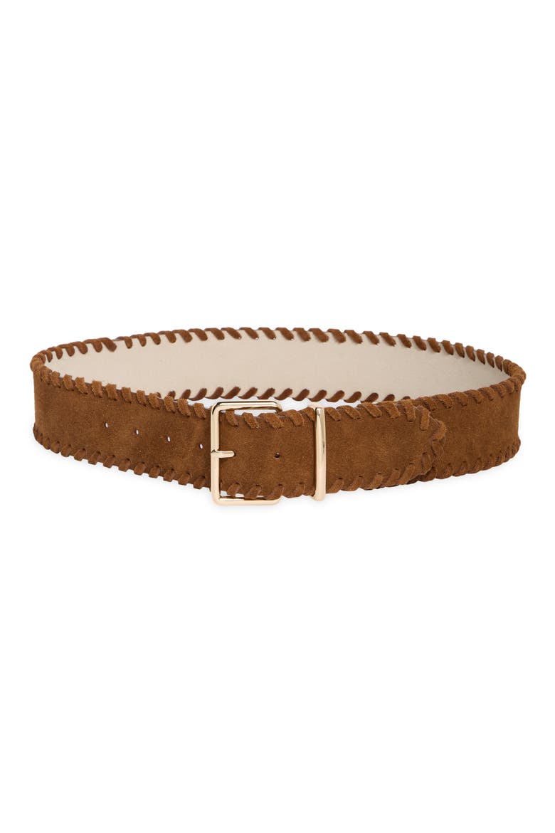 Whipstitched Wide Suede Belt, Main, color, COGNAC