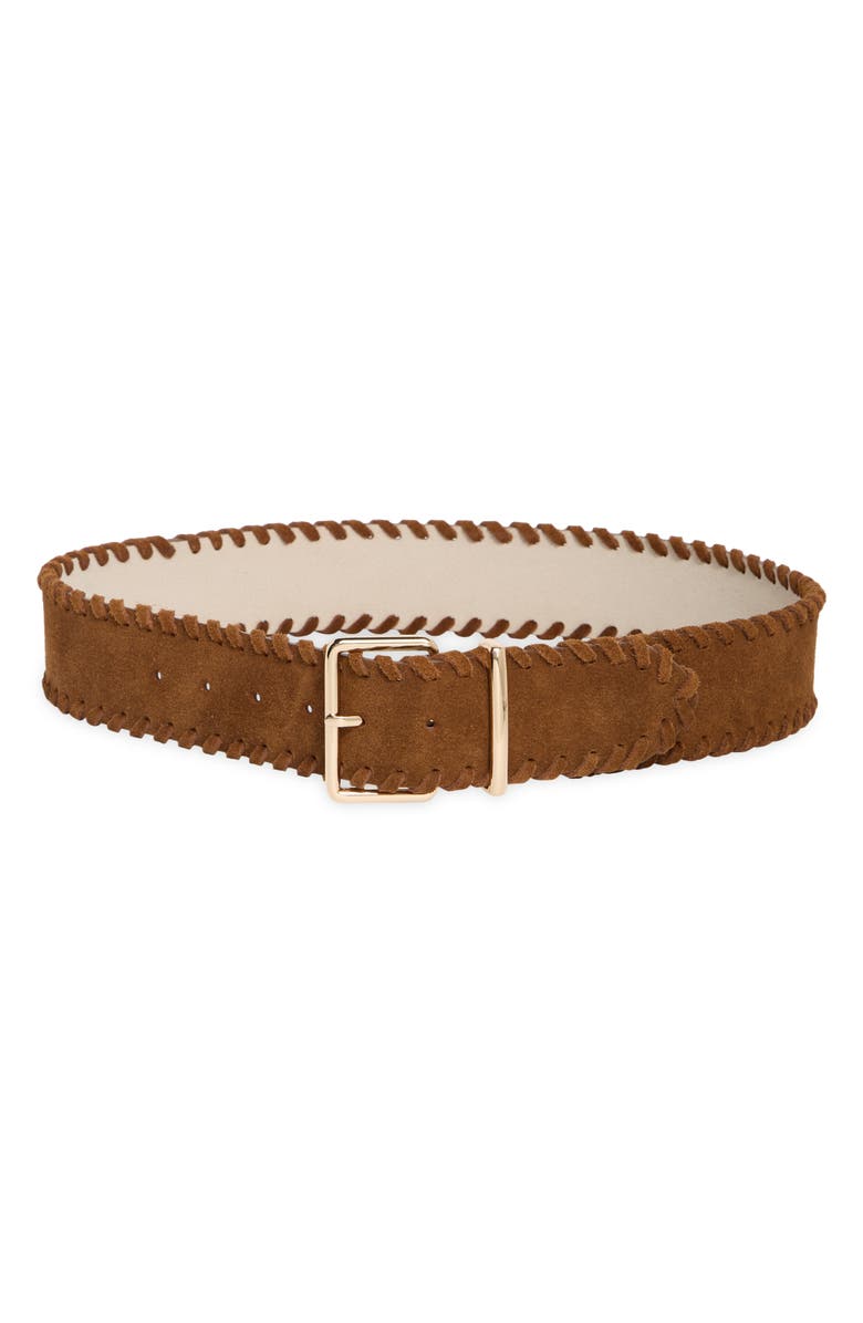 Vince Camuto Whipstitched Wide Suede Belt, Main, color, Cognac