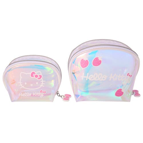 Hello Kitty Clear Iridescent Large And Small Dome Cosmetic Travel Bag Set In Brown