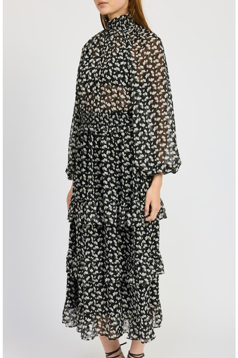 Genevieve Floral Long Sleeve Tiered Dress, Alternate, color, BLACK GOLD