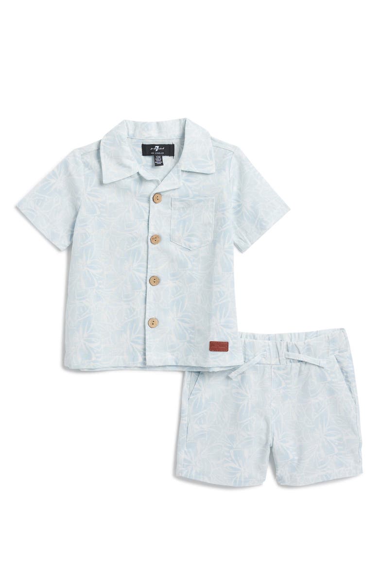 7 For All Mankind Stripe Cotton & Linen Camp Shirt & Shorts Set, Main, color, Soft Blue