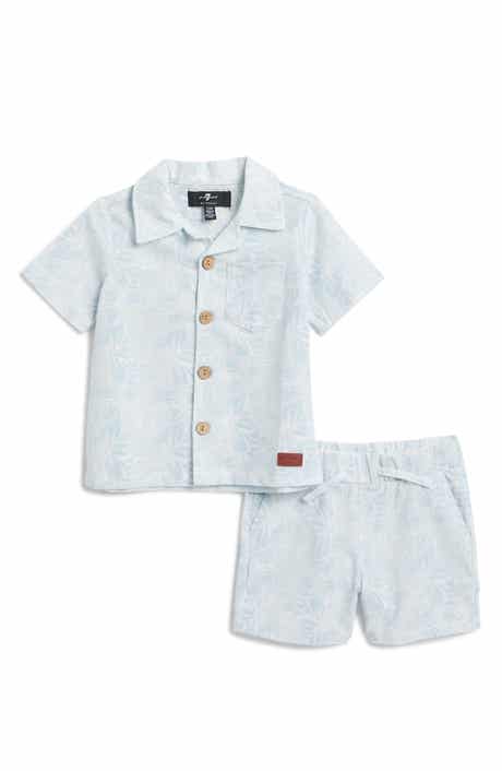 7 For All Mankind Stripe Cotton & Linen Camp Shirt & Shorts Set