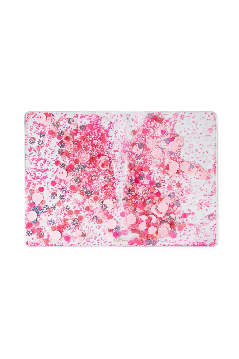 Work Party Confetti Multi-Use Desk Mat - 13x18 Inch Clear Vinyl Pink Confetti Desk Mat with Gold Foil Detail for Desks and Keyboards, Main, color, Multicolor