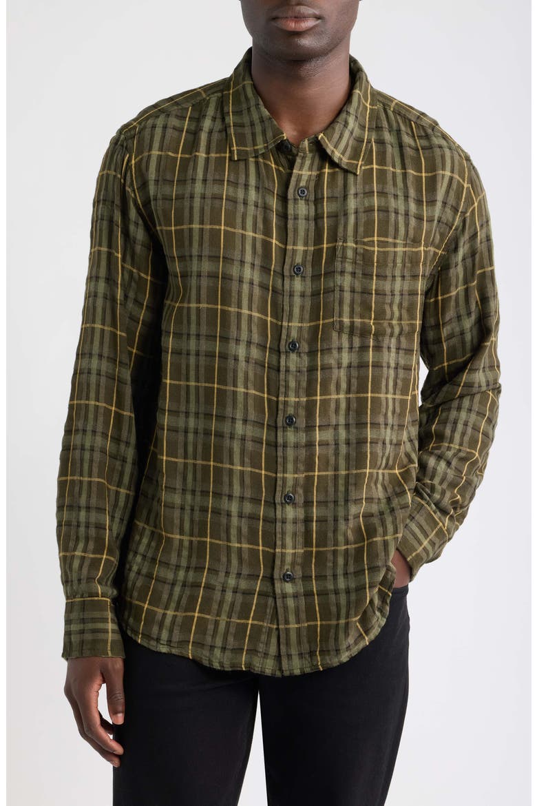 Crinkle Plaid Cotton Blend Button-Up Shirt, Main, color, OLV