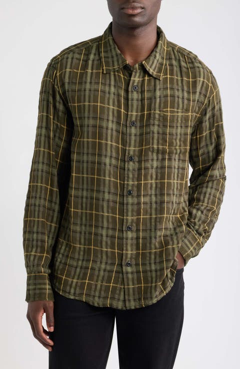 Crinkle Plaid Cotton Blend Button-Up Shirt