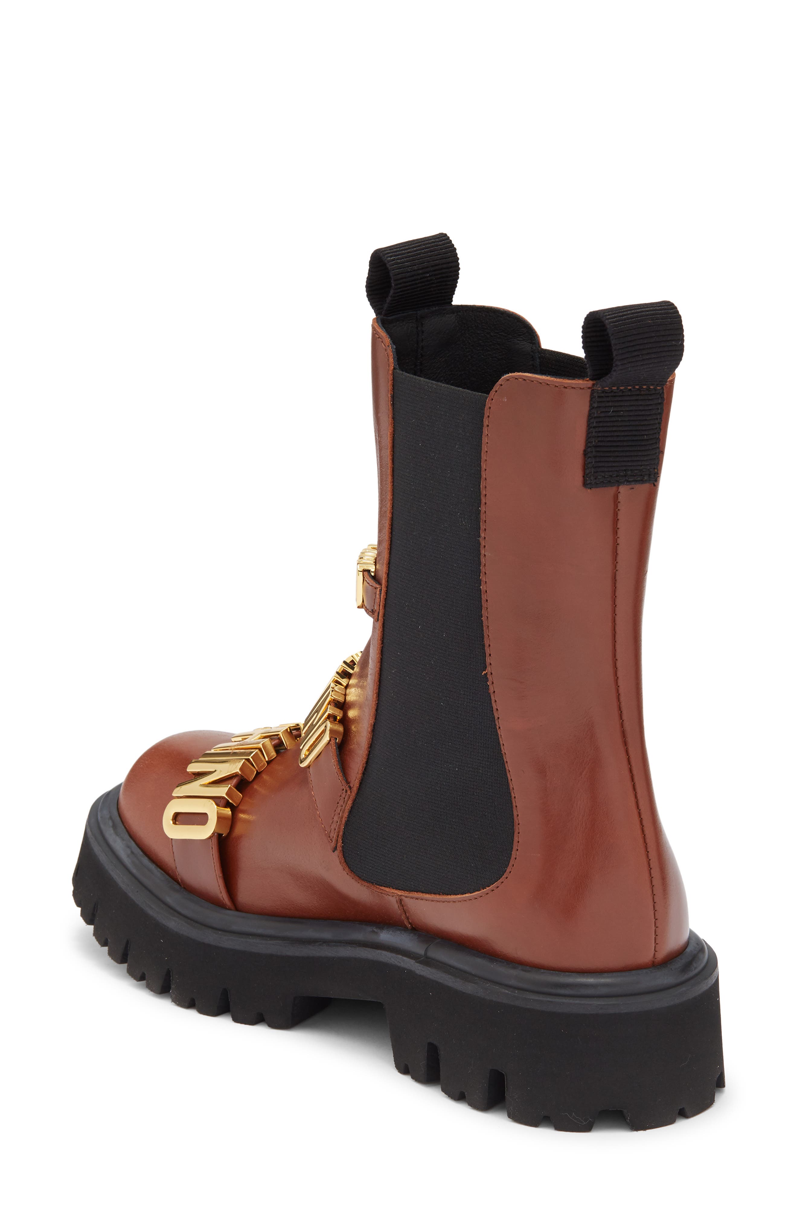 Moschino Logo Plaque Chelsea Boot, Alternate, color, Chestnut
