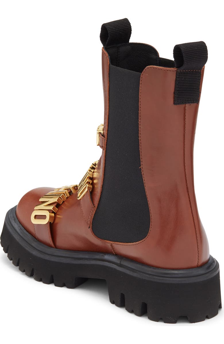 Moschino Logo Plaque Chelsea Boot, Alternate, color, Chestnut
