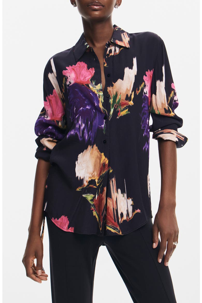 Nagoya Print Ruched Button-Up Shirt, Main, color, BLACK