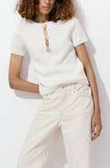 MANGO Metallic Cutout Short Sleeve Sweater